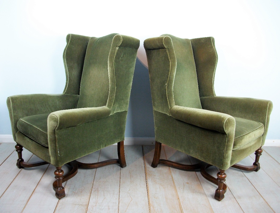 Pair of Edwardian Wing Back Upholstered Armchairs